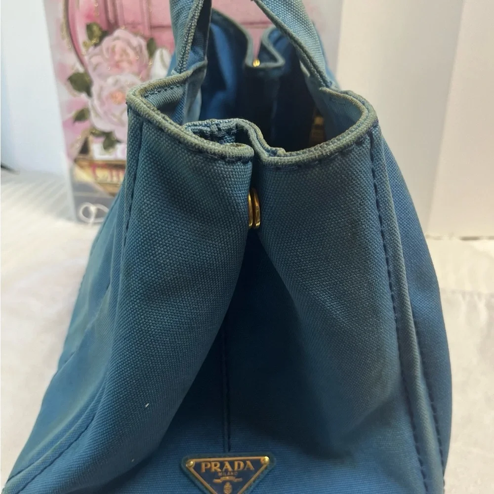 Prada Canapa Blue Denim Canvas Tote Bag Distressed Jeans - Picture 4 of 11